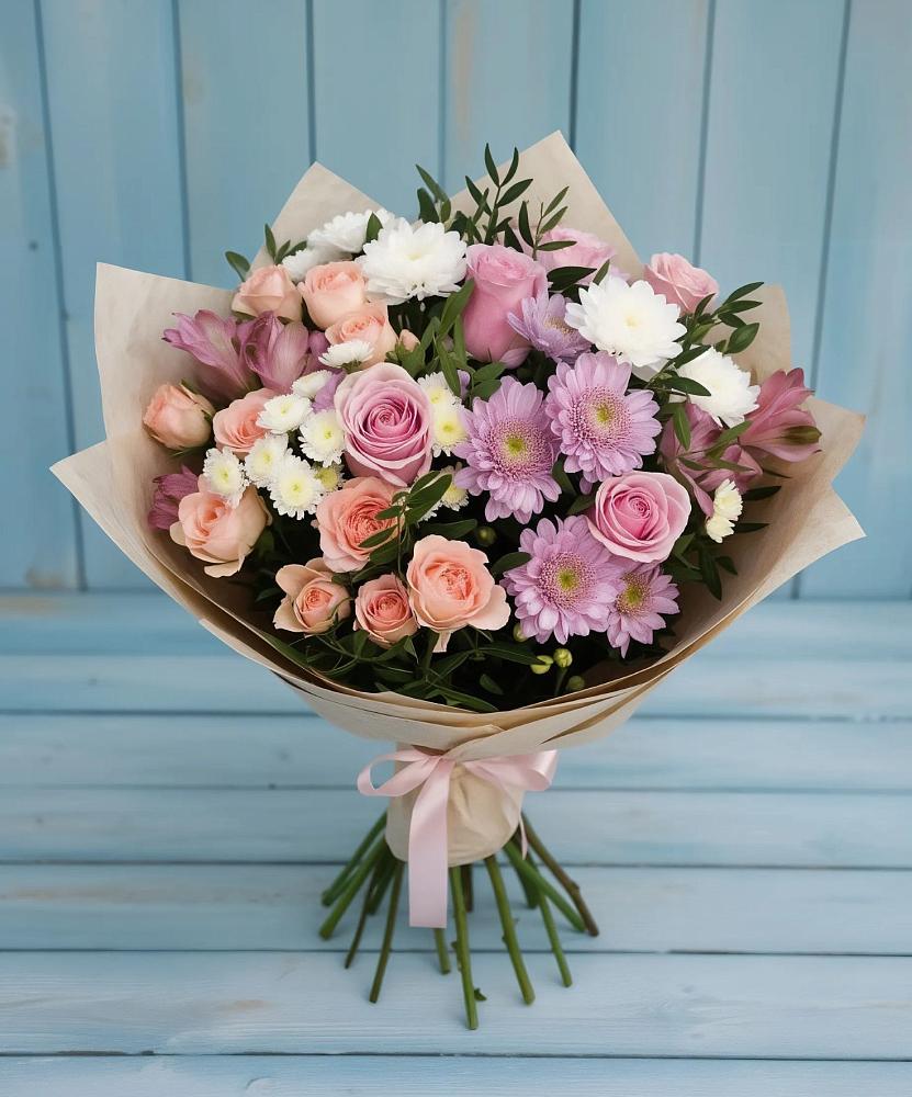 Букет цветов из: Хризантемы, Розы и Альстромерии в Кунашак