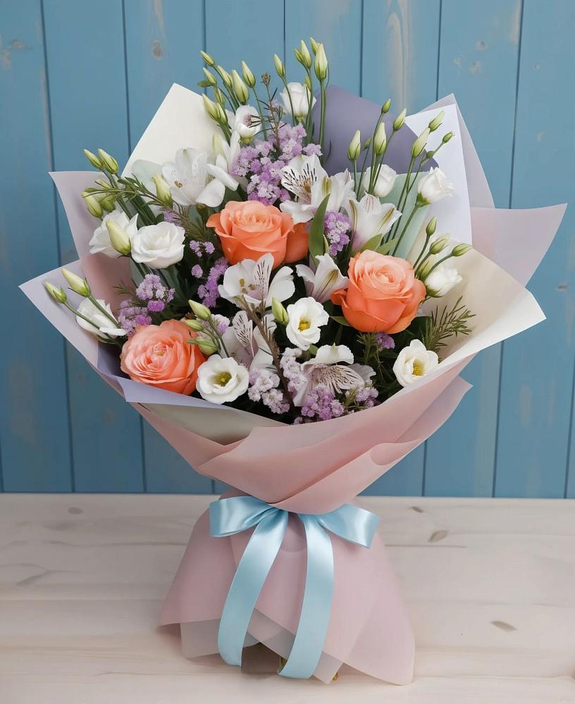 Букет цветов из: Лизиантусы, Розы, Альстромерии и Гипсофила в Кунашак