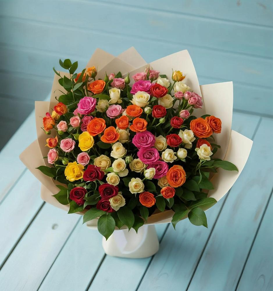 Букет Микс из разноцветных кустовых роз в Кунашак