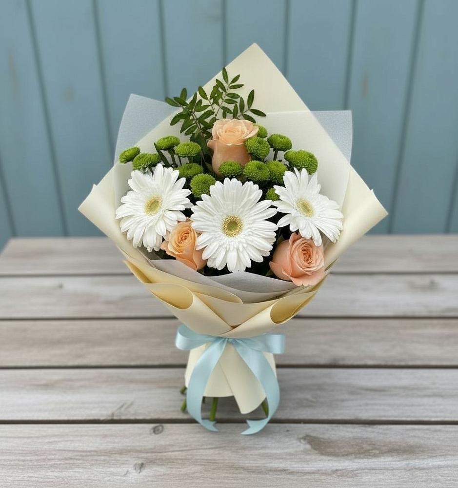 Букет цветов из: Герберы, Розы и Хризантемы в Кунашак