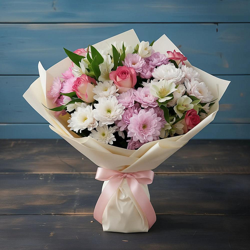 Букет цветов из: Хризантемы, Альстромерии и Розы в Кунашак